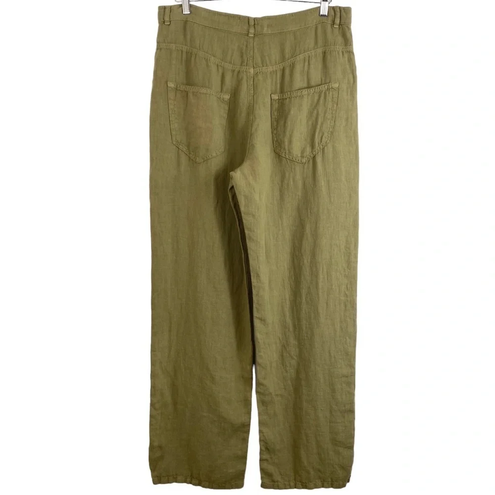 ZARA 100% Linen High Rise Wide Leg Pants in Khaki Size L New with Tags